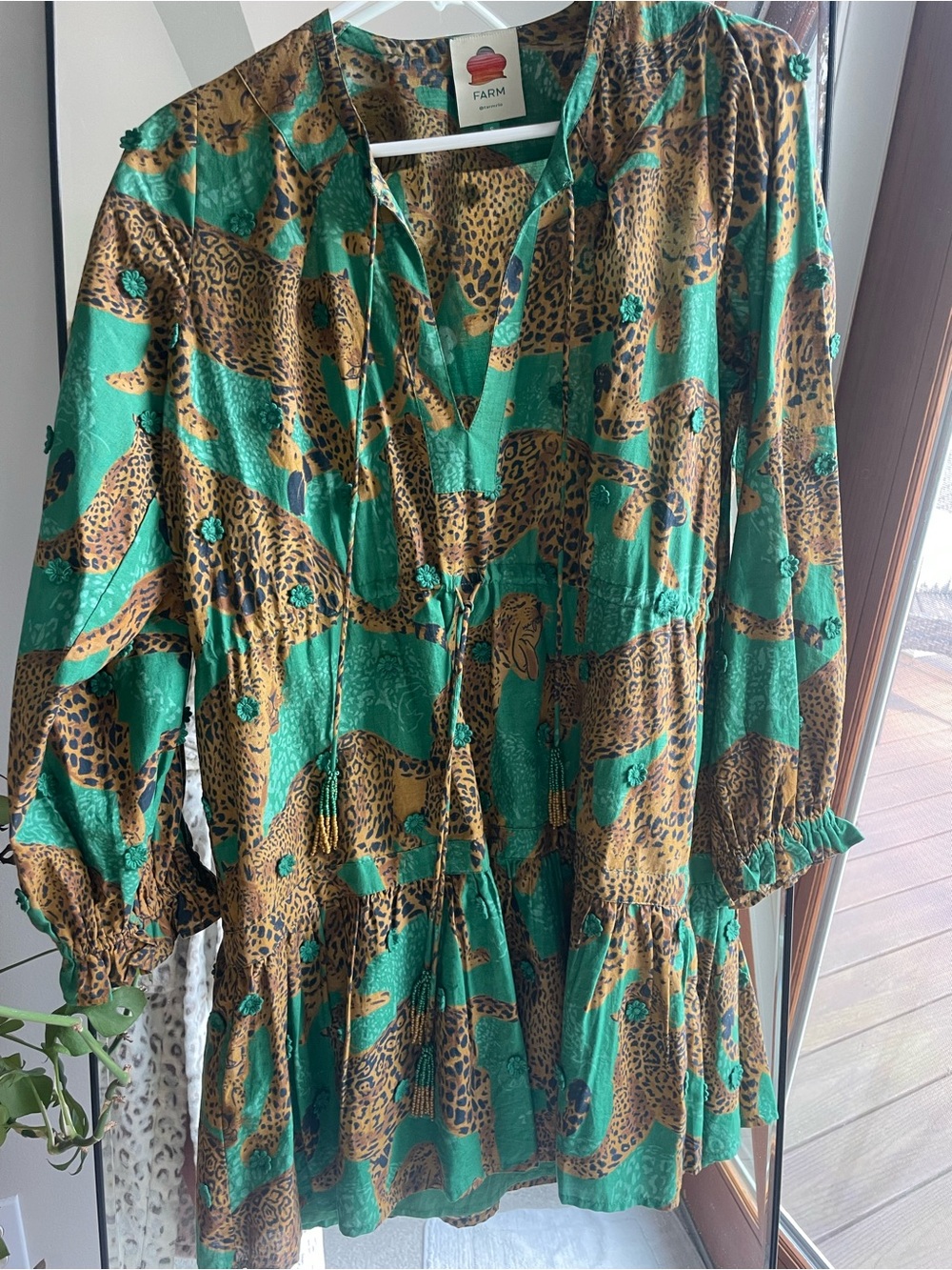 FARM Rio Green and Mustard Leopard Tiered Maxi Dress
